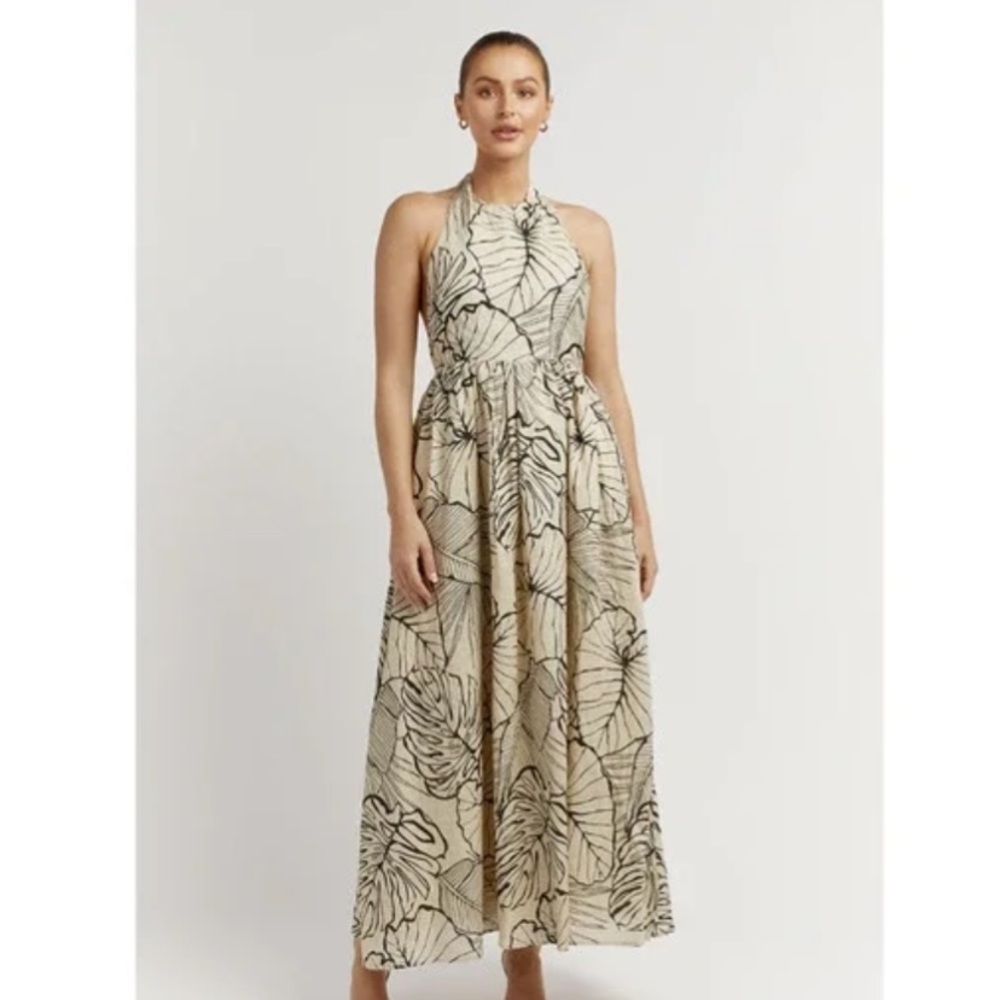 Dissh Malta Black Palm Linen Halter Maxi Dress Size